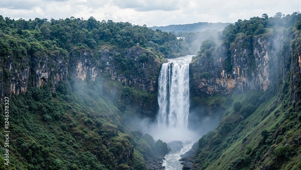 Majestic waterfall cascading into a verdant canyon with mist creating an enchanting atmosphere Majestic waterfall cascading into a verdant canyon with mist creating an enchanting atmosphere
