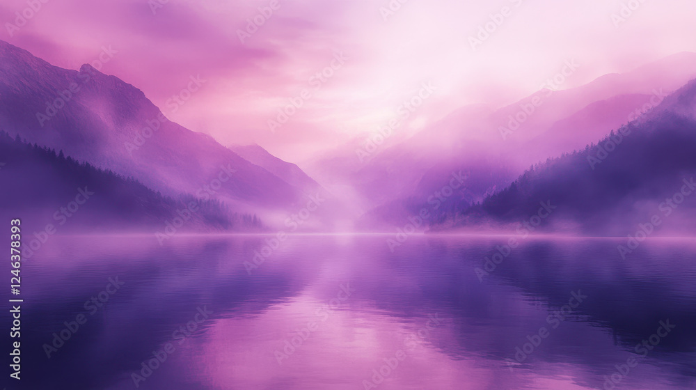 Fototapeta premium Tranquil Purple Mist Envelops a Serene Lake Surrounded by Mountains at Dawn