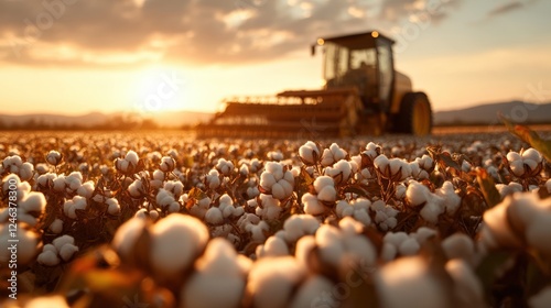 This cotton field at dusk captures a harvester in action, emphasizing the beauty of agricultural life as it works tirelessly to gather the cotton crop in a breathtaking landscape. photo