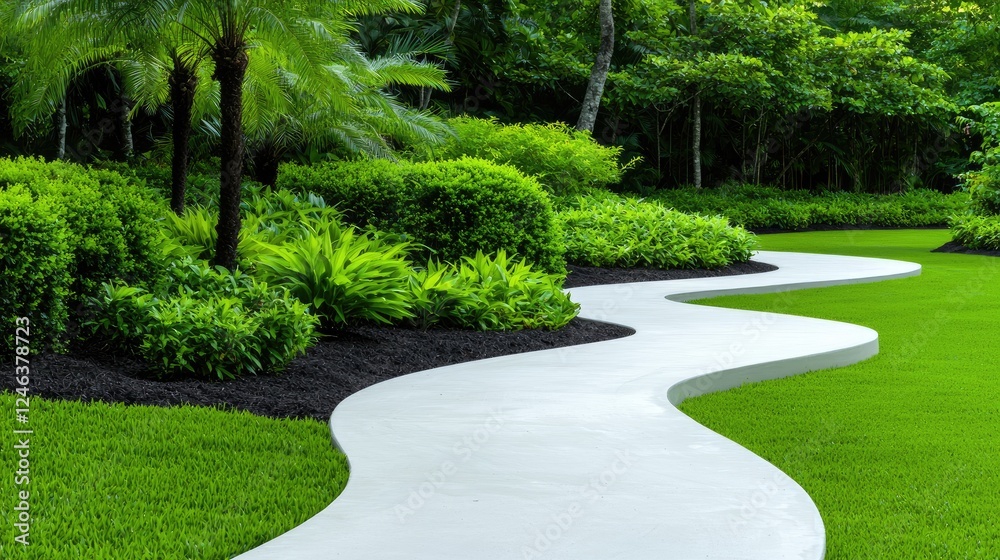 Obraz premium Winding path, lush garden, tropical plants, landscaping design, brochure