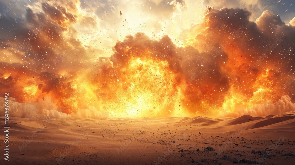 Naklejka premium Dramatic Explosion in Desert Landscape Under Fiery Sky at Dusk
