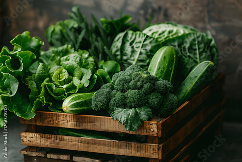 Photo - Fresh Green Vegetables Broccoli Cucumber Lettuce in Wooden Crate