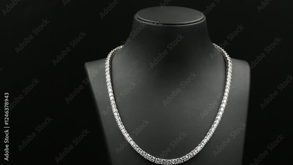 A stunning double-layered diamond necklace displayed on a sleek black jewelry bust, exuding elegance and sophistication. This high-quality 4K close-up video captures the intricate details. A stunning double-layered diamond necklace displayed on a sleek black jewelry bust, exuding elegance and sophistication. This high-quality 4K close-up video captures the intricate details.