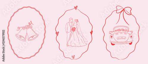 Whimsical Hand drawn doodle frame and wedding line art icons. Perfect for invitations, menu card, post card, save the date cards, happily married, minimalist chic wedding branding design.