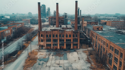 Abandoned Industrial Complex With Towering Smokestacks in a Deserted Urban Area During Overcast Weather
