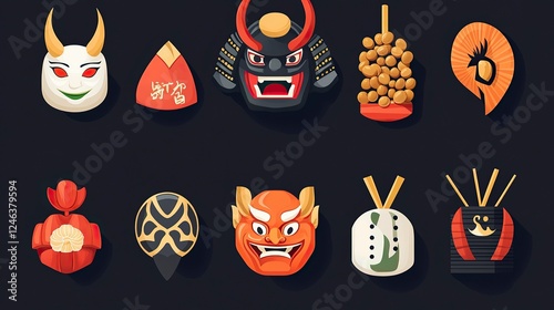 Traditional Setsubun Symbols Oni Masks, Roasted Soybeans, Ehomaki, and Lucky Charms