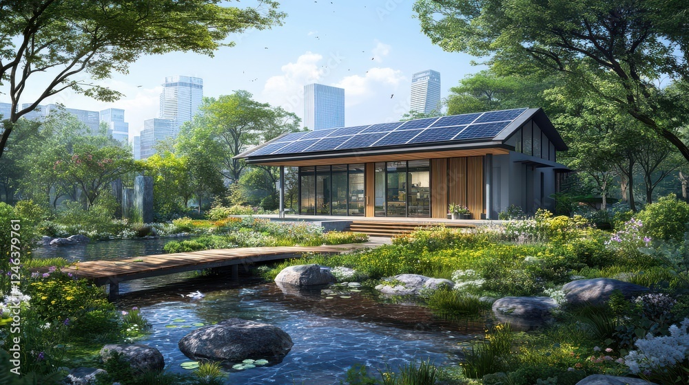 Modern Eco-Friendly House in Urban Garden with Solar Panels Modern Eco-Friendly House in Urban Garden with Solar Panels