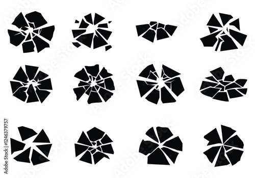Bullet hole in glass, wall and ground. Ground, wall cracks, break silhouette vector. Cracked glass. Broken window vector