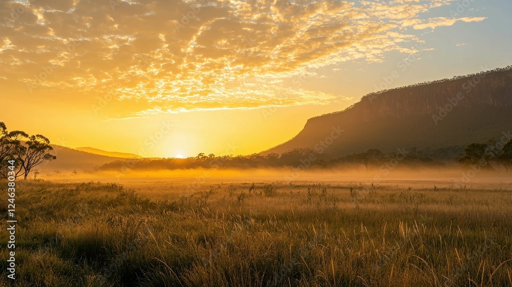 Serene Sunrise Over Misty Field and Majestic Mountain Landscape Serene Sunrise Over Misty Field and Majestic Mountain Landscape