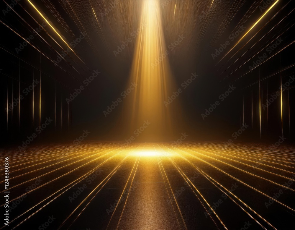 A radiant beam of light shines down in a dark space, creating an ethereal and dynamic atmosphere with golden rays.
