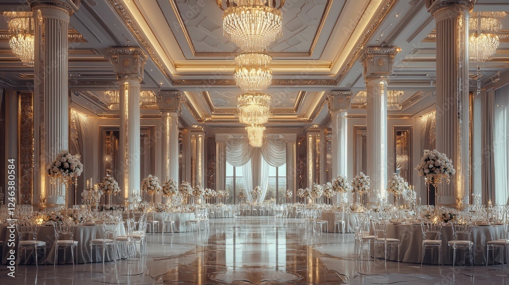 Fototapeta premium Elegant wedding reception hall with luxurious chandeliers and decor