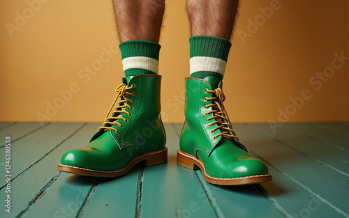 Close-up of a pair of male feet wearing green boots that he might wear to celebrate St. Patrick's Day