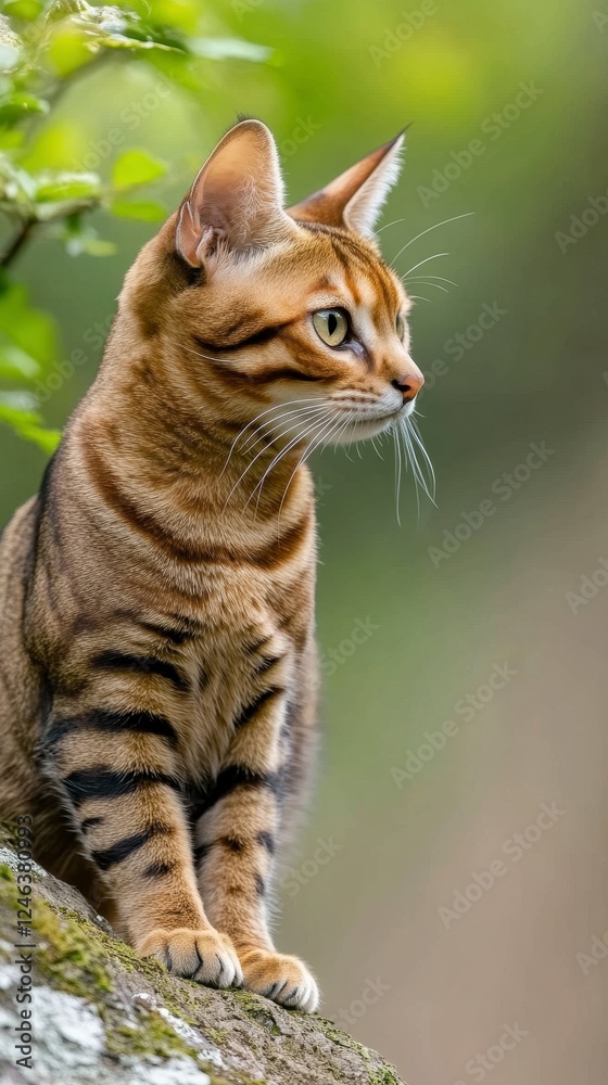Brown Tabby Cat Portrait On Mossy Branch Brown Tabby Cat Portrait On Mossy Branch