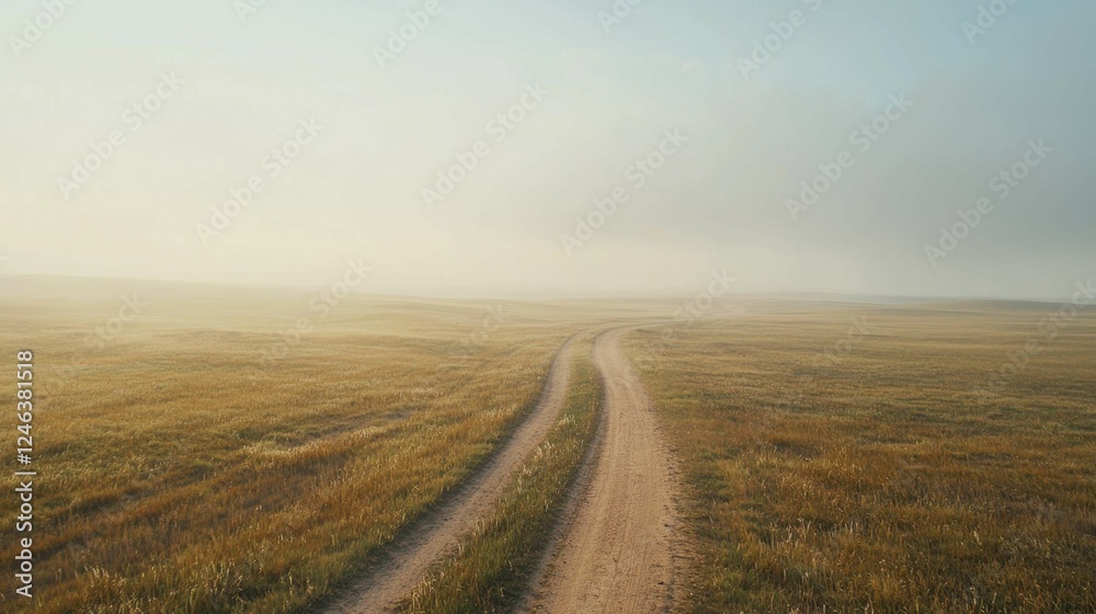 Serene Dirt Path Through Misty Grassland Under Clear Blue Sky Serene Dirt Path Through Misty Grassland Under Clear Blue Sky