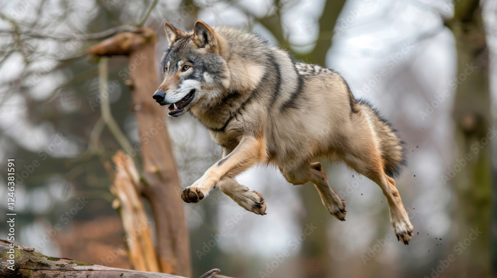 Obraz premium A wolf running fast through the forest. Wildlife.