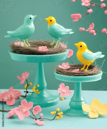 Two colorful birds perch gracefully on a decorative cake stand adorned with vibrant flowers, creating a charming and whimsical scene. photo