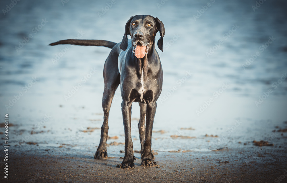 Happy black hunting dog running outside Happy black hunting dog running outside