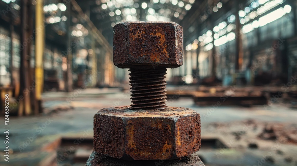 Rusty Steel Bolt and Nut in Abandoned Industrial Warehouse Setting Rusty Steel Bolt and Nut in Abandoned Industrial Warehouse Setting