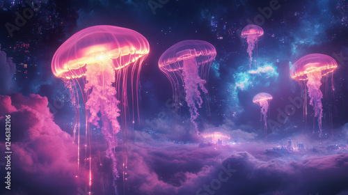 Wallpaper Mural Glowing Jellyfish Float Through a Cosmic Landscape at Dusk With Vibrant Colors Filling the Sky Torontodigital.ca