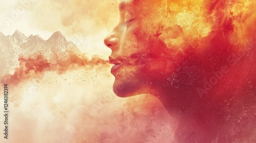 Fiery breath of emotion surreal landscape digital art dreamlike atmosphere close-up view inner strength concept
