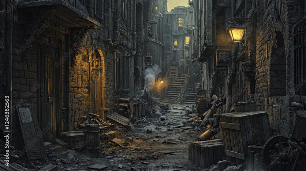 Mysterious Alley in an Ancient City at Dusk With Dim Lanterns and Scattered Debris Mysterious Alley in an Ancient City at Dusk With Dim Lanterns and Scattered Debris