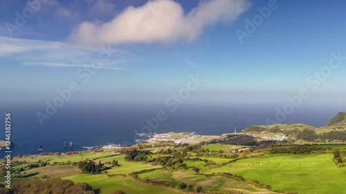 Mosteiros, Azores from a bird's-eye view. The Atlantic Ocean, with its powerful waves crashing against the rugged coastline.
A black sand beach and cliffs, formed from solidified lava, stand as a tes