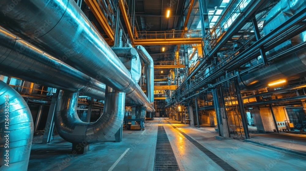 Fototapeta premium Industrial Facility Interior with Pipes and Machinery at Night