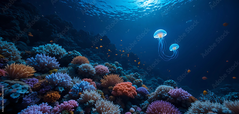 Fototapeta premium a coral reef at night, with the colorful corals glowing softly in the dark depths. Schools of fish swim gracefully through the water, and a bioluminescent jellyfish drifts by, leaving .