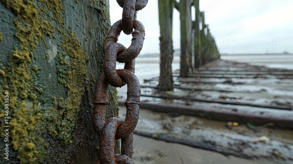 Rusty Chain Hanging on Old Weathered Pier Structure by Water Rusty Chain Hanging on Old Weathered Pier Structure by Water