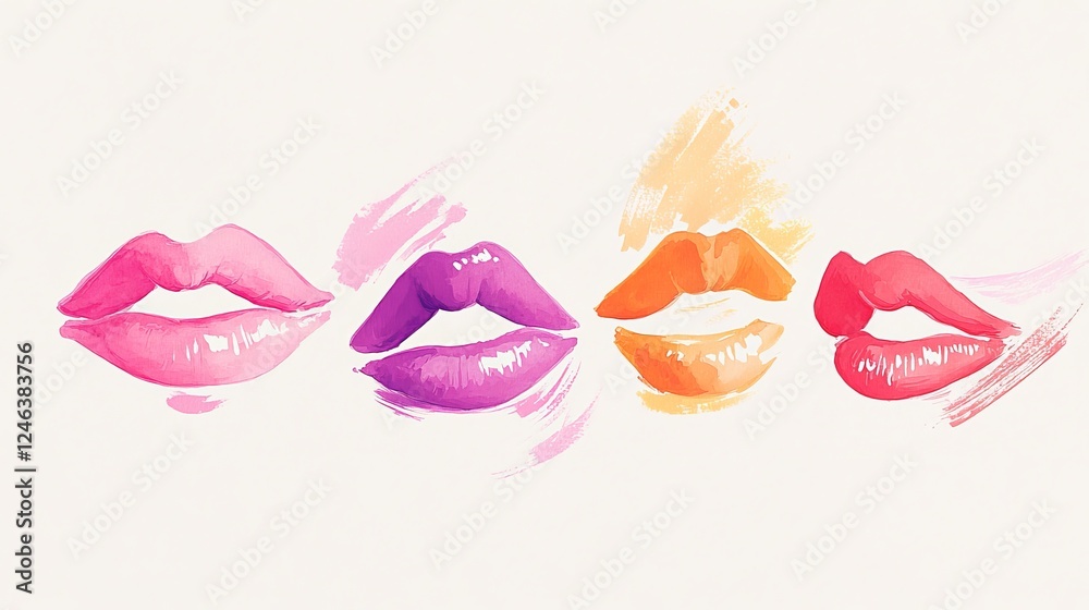 Fototapeta premium Watercolor lip prints in various shades of red, pink, and orange. Lip prints in different colors, showcasing vibrant lipstick shades on a light pink background. Element vector collection.