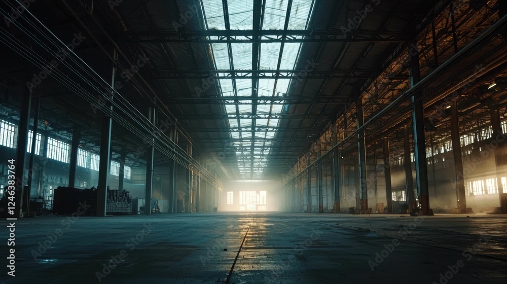 Empty Industrial Warehouse with Sunlight Streaming Through Windows Empty Industrial Warehouse with Sunlight Streaming Through Windows