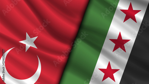 Vector wavy national flags of Turkish Republic and new Syrian Arab Republic. Relations between countries. Turkey and Syria. Political economic banner.