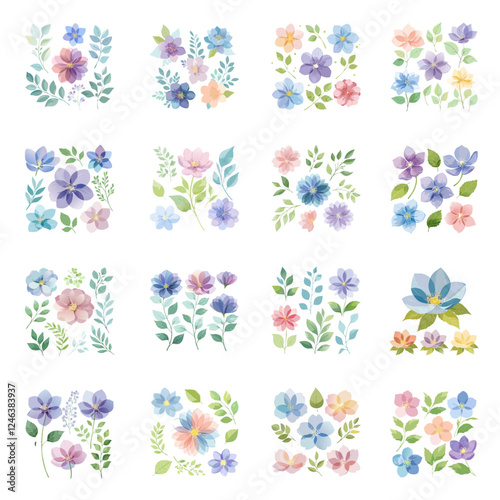 Artistic Watercolor Multicolor Designs.Leaf MedleySeamless floral pattern with blue viola flowers.Set of Watercolor pink roses, Rose flower Decoration for Mother's day card, weddings, wedding design, 
