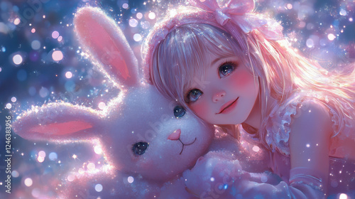 Young Girl Joyfully Embraces a Fluffy White Rabbit in a Magical, Glowing Landscape During a Dreamy Night