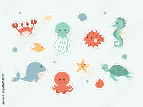 A set of cute marine animal stickers in cartoon style, featuring a whale, octopus, turtle, jellyfish, crab, and more. Perfect for kids, digital designs, and fun decorations.