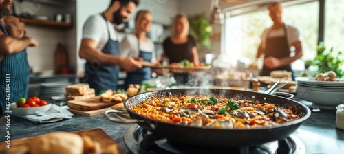 A Delicious Paella Cooking Class: Friends and Family Gather Around a Steaming Pan of Authentic Spanish Cuisine