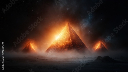 Set in a vast, dark landscape, the glowing pyramids capture the viewer's imagination, blending themes of mystery and enlightenment, and provocation of contemplation in a unique artistic approach.