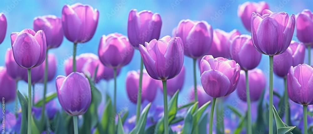 Obraz premium A vibrant field showcases purple tulips amidst blue flowers under a clear blue sky, creating a stunning contrast of colors in nature.