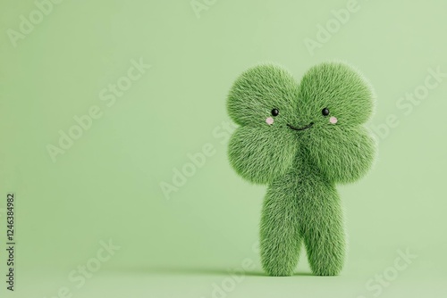 Cute green furry character on a soft green background, symbolizing good luck and joy, perfect for children s themes and festive occasions
