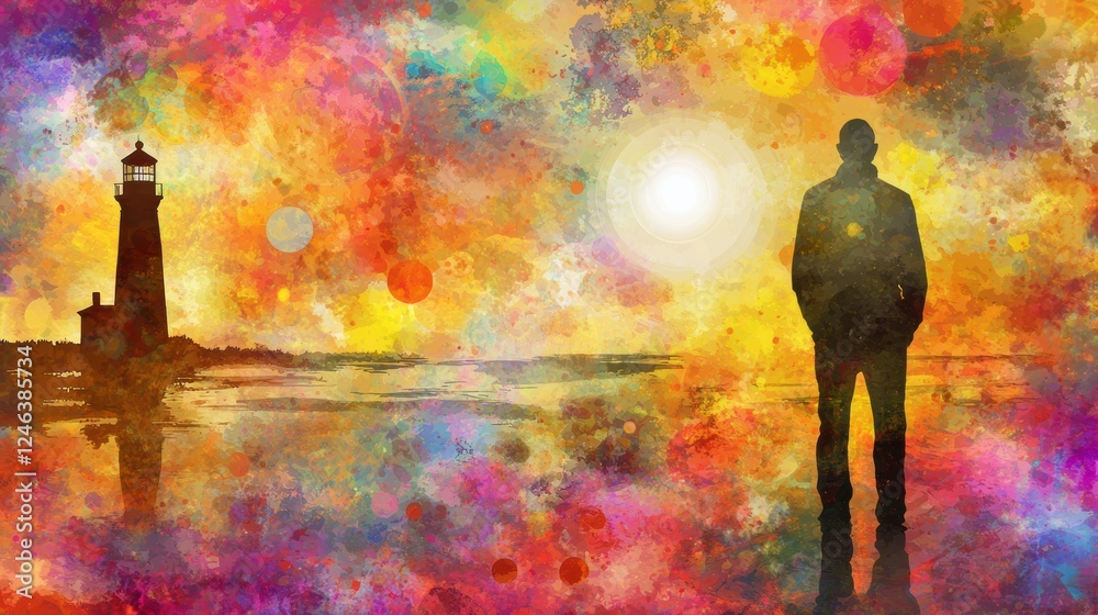 Fototapeta premium Sunset silhouette at vibrant lighthouse coastal scene digital art abstract environment serene viewpoint inspiration