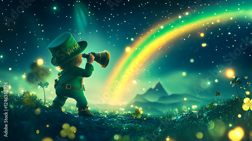 joyous leprechaun gazes through telescope at rainbow arching over sparkling landscape, radiating playful delight