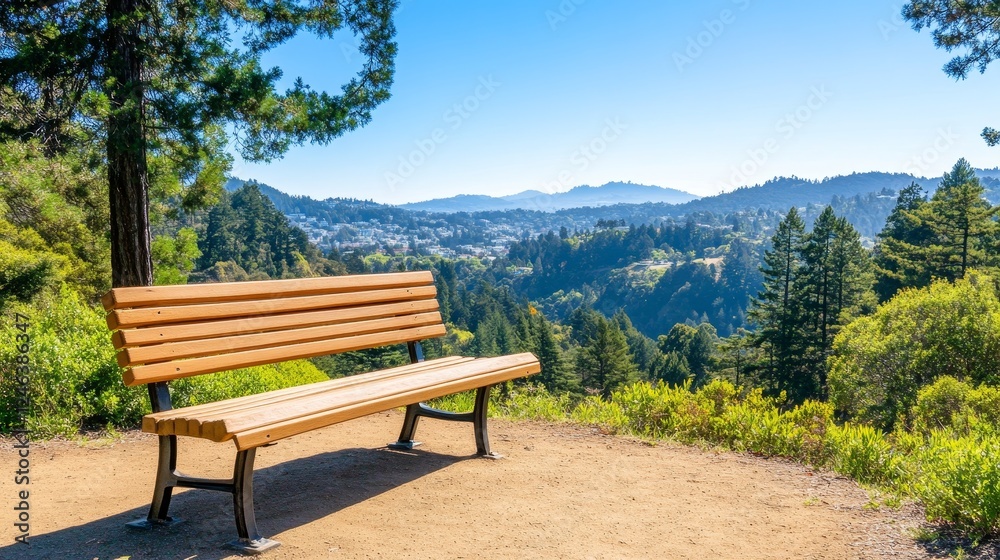 Scenic view of a wooden bench overlooking a lush valley with mountains in the background Scenic view of a wooden bench overlooking a lush valley with mountains in the background