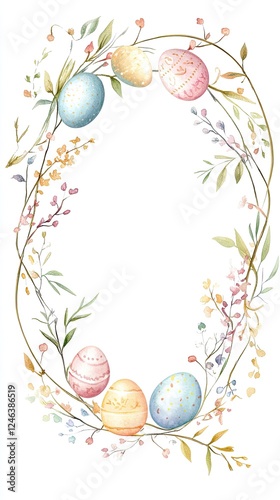 Minimalist Watercolor Dragon Theme Easter Border with Colorful Eggs and Delicate Flowers