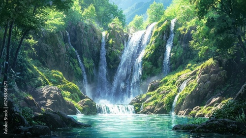 Serene Waterfall Surrounded by Lush Greenery in a Tranquil Valley