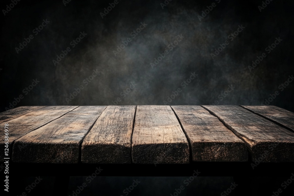 Rustic wooden table, smoky background, product display Rustic wooden table, smoky background, product display