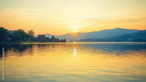 Sunset reflection over serene lake mountain landscape nature photography tranquil environment scenic view peaceful concept