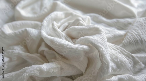 Close-up texture of white fabric, suitable for interior design, fashion or advertising where you want to emphasise the texture and details of the material.
