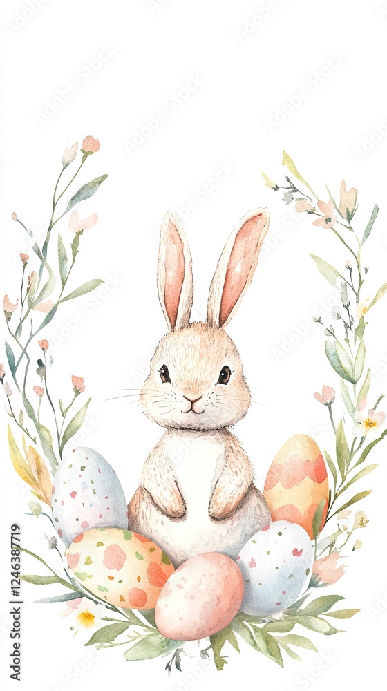 Obraz premium Minimalist Easter Design with Cute Bunny Surrounded by Colorful Eggs in Watercolor Style