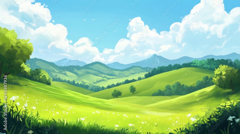 Naklejka premium A vibrant landscape featuring rolling hills, green fields, and a bright blue sky with clouds.