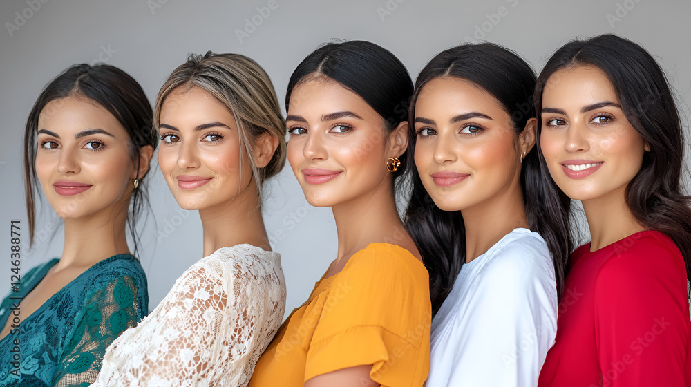 Group of young females smiling in colorful outfits, Women's Day Group of young females smiling in colorful outfits, Women's Day